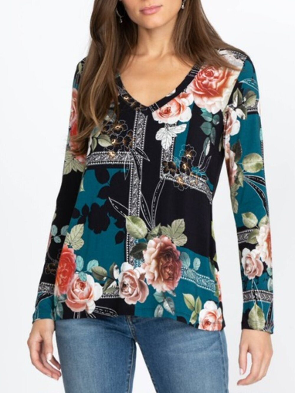 Johnny Was The Janie Favorite Long Sleeve V-Neck Tee in Rosabel Size XS